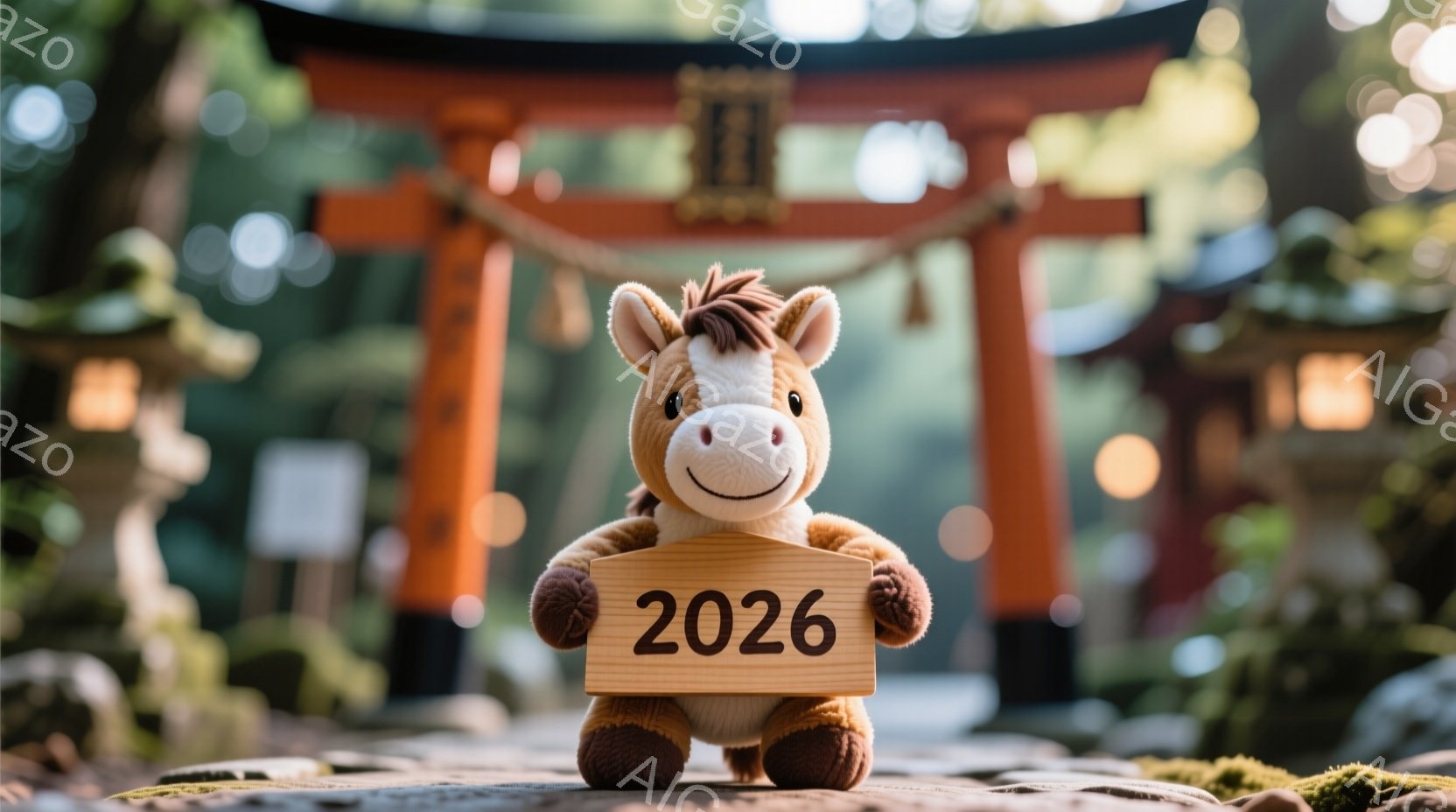 ぬいぐるみは、明るい茶色の毛並みで、笑顔の表情をしています。その前には「2026」と書かれた木製のプレートが置かれており、背景には朱色の鳥居と石畳の道、緑豊かな木々が見えます。全体的に、新年の訪れを告げる暖かく希望に満ちた雰囲気が漂っています。