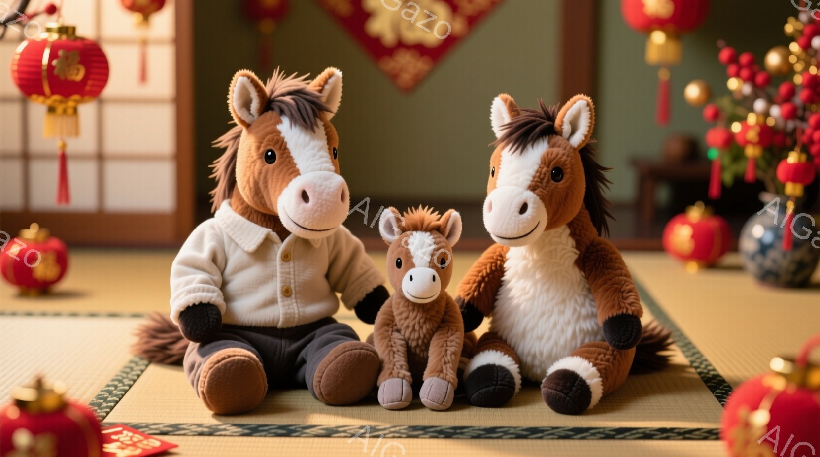 畳の上に、茶色い馬のぬいぐるみ家族が座っています。パパとママの馬はそれぞれ服を着ており、子馬は一人でちょこんと座っています。背景には赤い提灯や装飾が飾られており、お祝いの雰囲気を感じさせます。