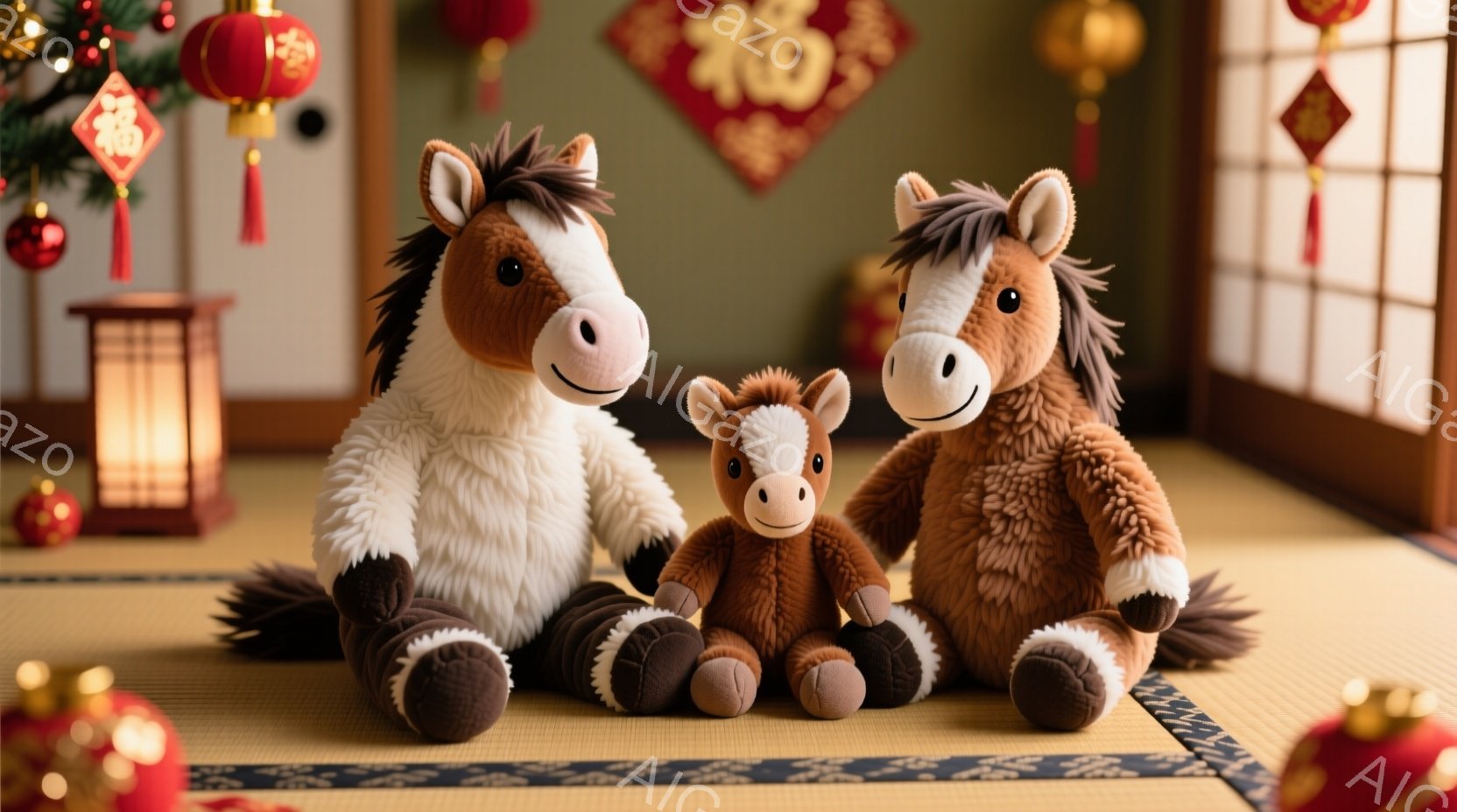 畳の上に、大きな茶色の馬のぬいぐるみと、その横に同じ色の小さい馬のぬいぐるみが座っています。背景には赤い提灯や装飾が飾られた部屋がぼんやりと見え、お祭りや祝い事の雰囲気が漂っています。全体的に温かく、家族的な雰囲気が感じられる画像です。