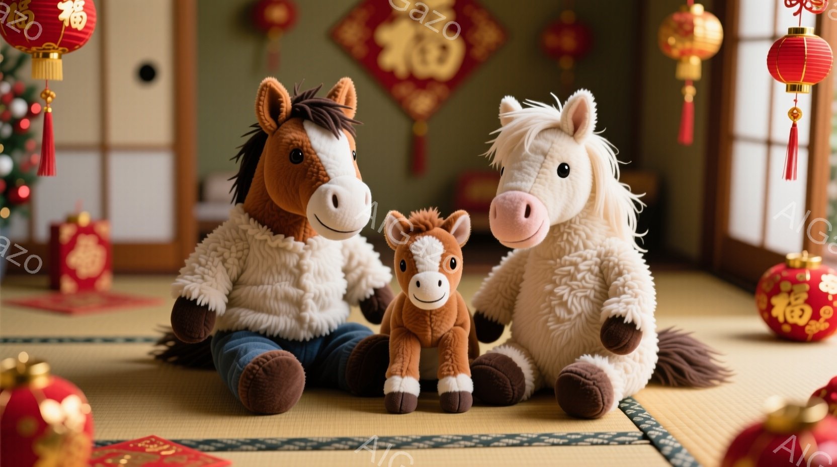 畳の上には、茶色とクリーム色の大きな馬のぬいぐるみ2体と、小さな馬のぬいぐるみが座っています。馬たちはそれぞれ赤い縁の衣装を着ており、穏やかで優しい表情をしています。背景には赤い提灯や新年を祝う装飾が - AI生成フリー素材