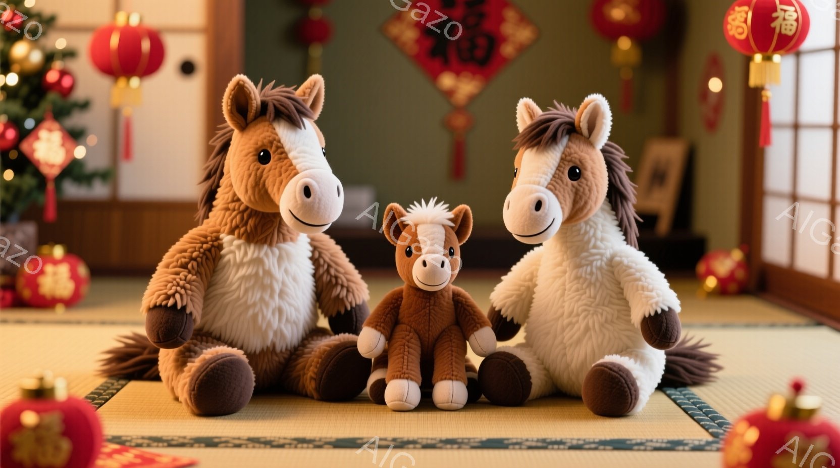 畳の上に三匹のぬいぐるみ馬が座っています。一番大きな馬は茶色と白の毛並みで、中央には小さな茶色の馬、そしてもう一匹は同じく茶色と白の馬がいます。背景には赤い提灯や中国風の装飾が施され、新年のお祝いの雰 - AI生成フリー素材
