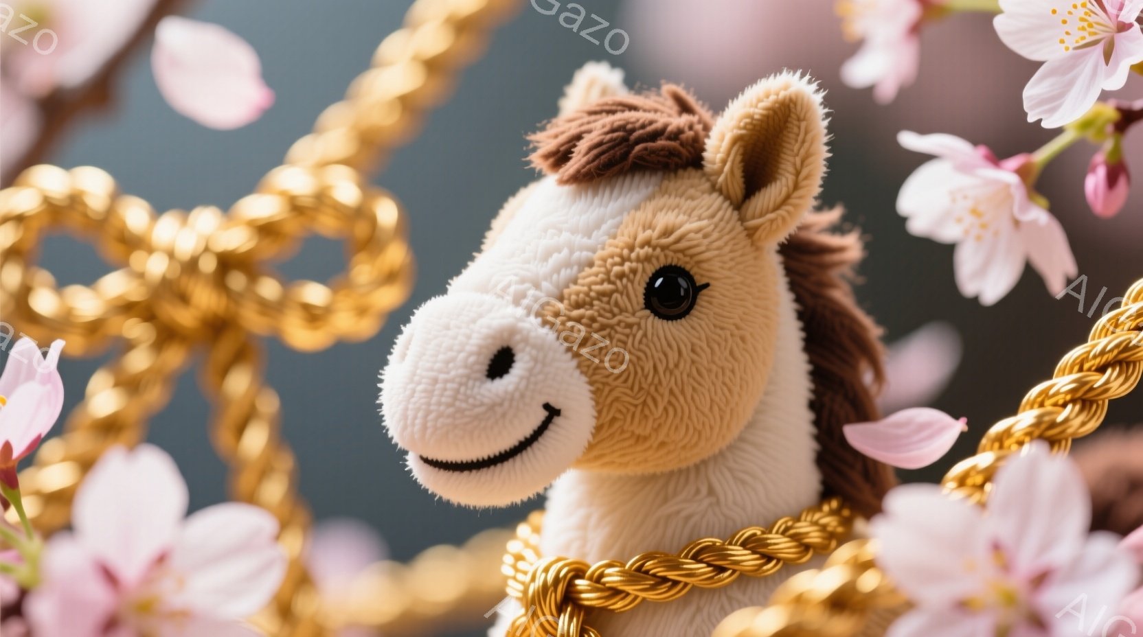 ふわふわの茶色と白のぬいぐるみ馬が、金色のロープと桜の花に囲まれて写っています。馬は微笑んでおり、丸い黒い目が特徴的です。背景にはぼやけた桜の花が咲き誇り、春の暖かく優しい雰囲気を醸し出しています。