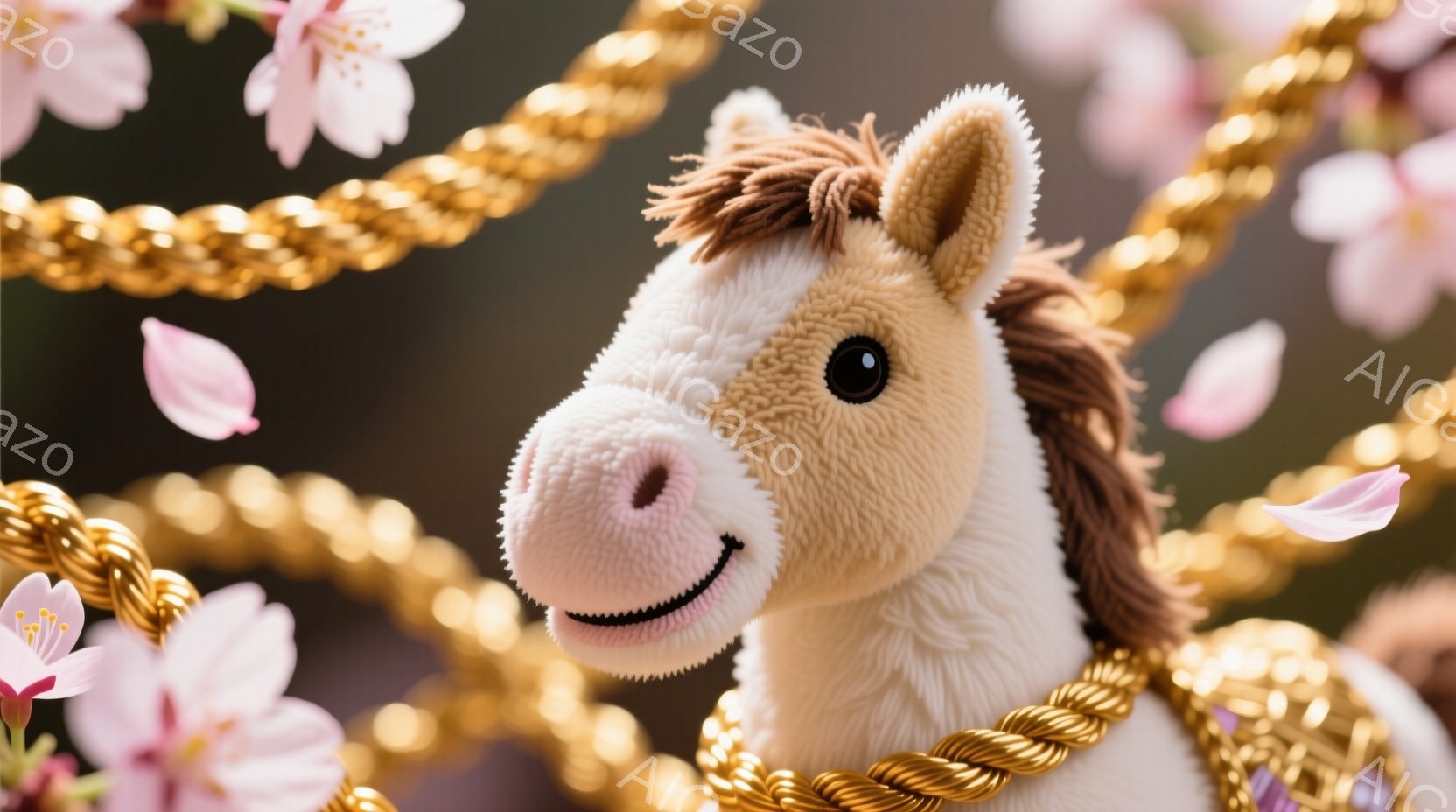 ふわふわのクリーム色の馬のぬいぐるみのお顔が大きく写っています。茶色のたてがみと優しい笑顔が特徴で、背景には金色のロープと散り始めた桜の花びらがぼんやりと見え、春の穏やかな雰囲気を醸し出しています。全体的に柔らかく、温かい印象を与える写真です。