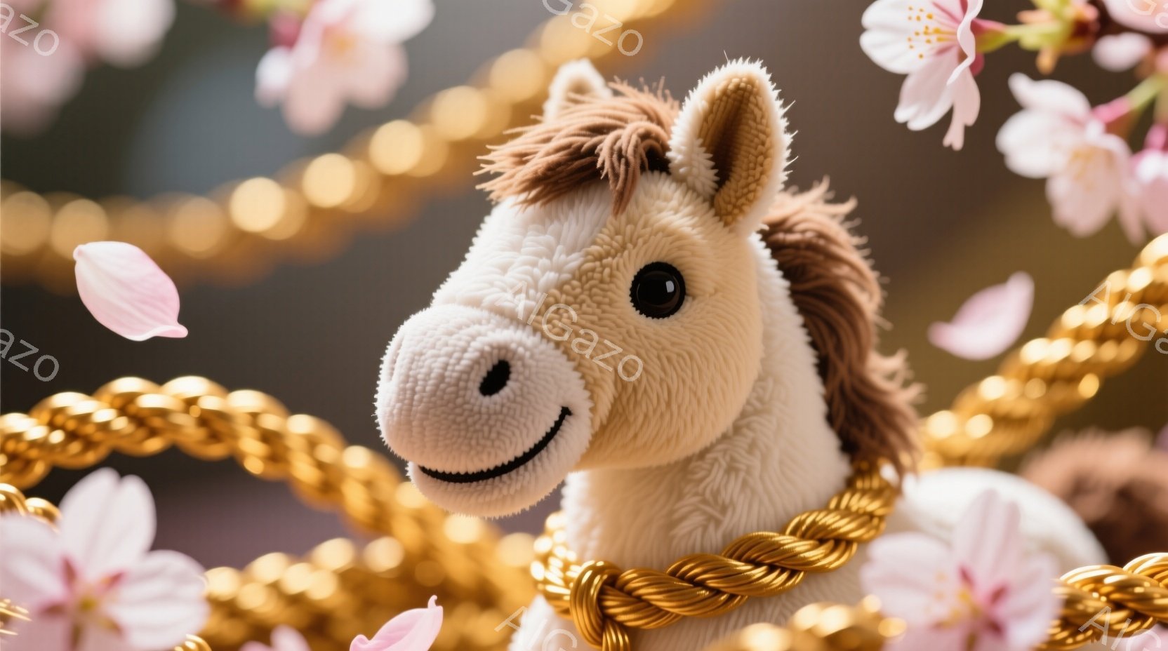 ふわふわのクリーム色の馬のぬいぐるみのお顔がクローズアップで写っています。茶色のたてがみと黒い瞳が特徴で、穏やかな笑顔を浮かべています。背景には金色の組紐と、舞い散る桜の花びらがぼんやりと見え、春の穏やかな雰囲気が漂っています。