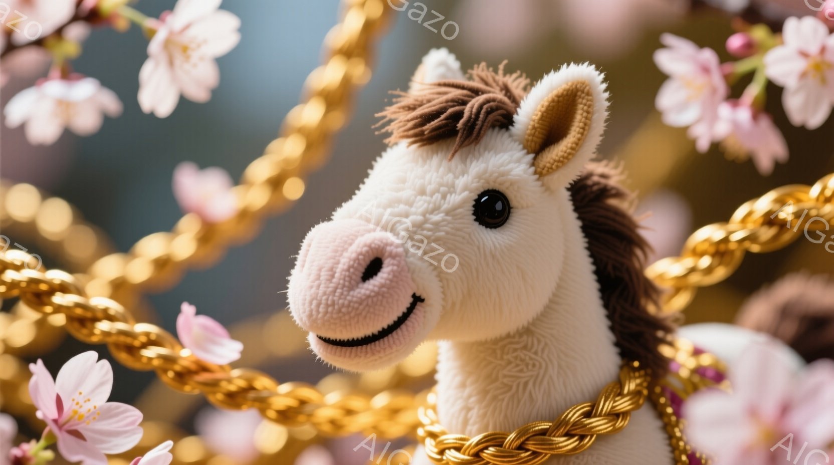 白い毛並みを持つぬいぐるみ馬が、金色の編み込み模様の装飾を首に巻いています。表情は穏やかで微笑みを浮かべており、柔らかく親しみやすい印象を与えます。背景には桜の花びらが散りばめられており、春の暖かく優しい雰囲気を醸し出しています。