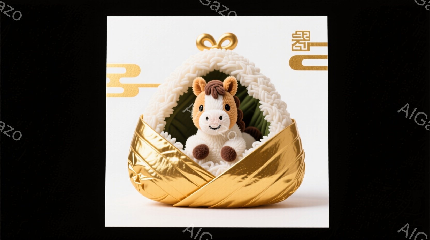 白い毛並みのテディベアの馬が、金色の輝くボウルの中で丸まって眠っています。背景は白く、金色の模様がアクセントとして加えられ、お祝いの雰囲気を醸し出しています。全体的に、穏やかで温かい印象を与える可愛らしい光景です。