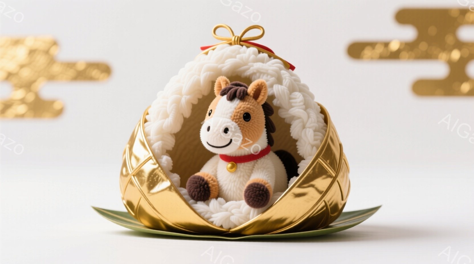 ぬいぐるみのような馬が、金色の包装紙でできた窪みの中に座っています。馬はクリーム色の体に茶色のたてがみと尻尾を持ち、赤い首輪をつけて微笑んでいます。背景には、金色の装飾がぼやけて見え、全体的に暖かく、 - AI生成フリー素材