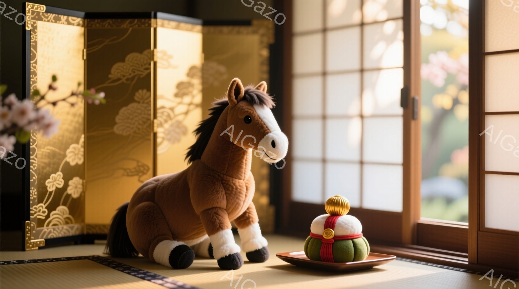畳の上に、茶色のぬいぐるみ馬が座っており、優しい表情をしています。背景には金色の屏風と障子窓があり、春らしい桜の花が咲き誇っています。全体的に落ち着いた雰囲気で、日本の伝統的な美しさを感じさせる一枚で - AI生成フリー素材