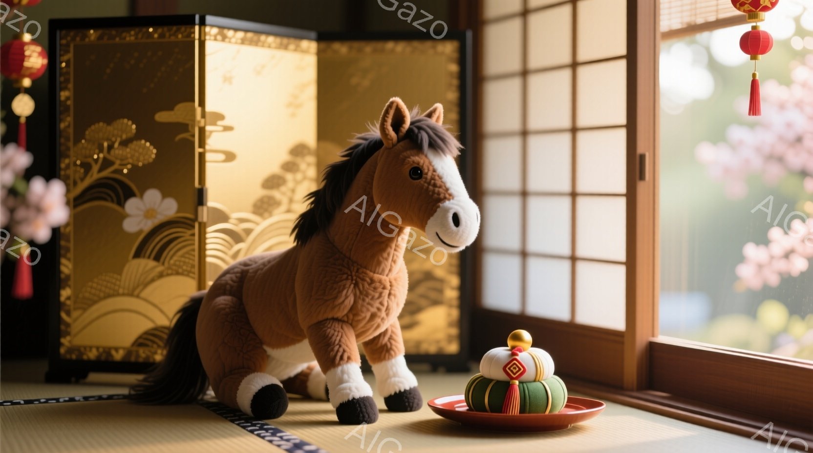 畳の上に、茶色の毛並みの馬のぬいぐるみと、重ねられたお餅が乗った赤いお皿が置かれています。背景には金色の牡丹が描かれた屏風と、桜の花が咲き誇る風景が見える窓があり、穏やかで春らしい雰囲気を醸し出しています。全体的に暖色系の色調で、静かで落ち着いた印象を与えます。