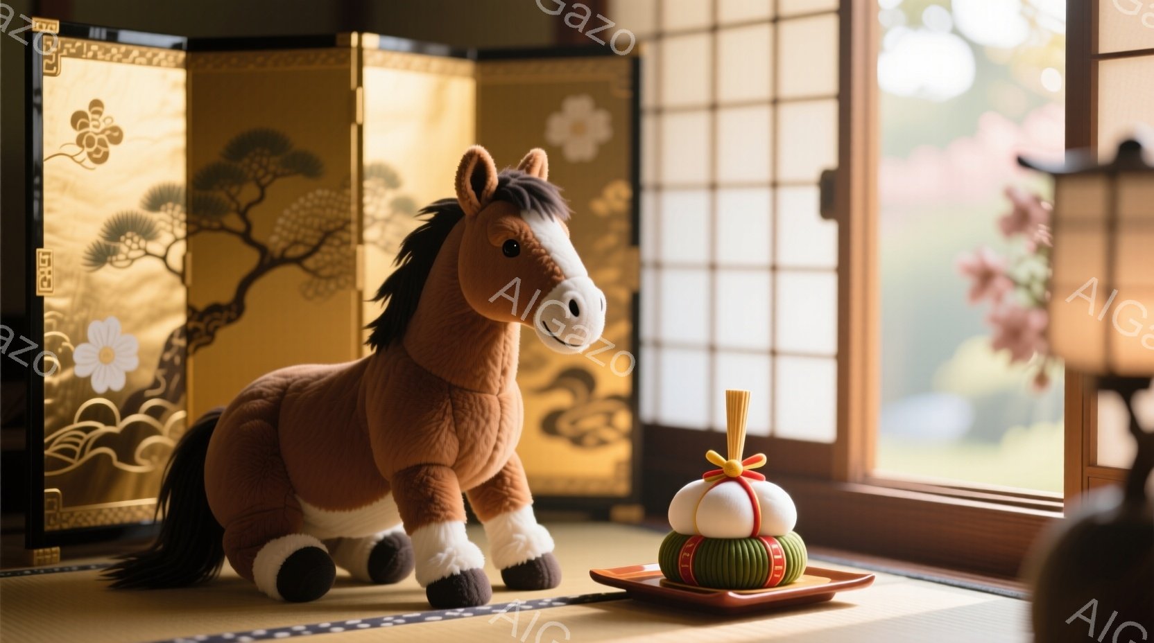 畳の上に、茶色の毛並みの馬のぬいぐるみと、重ねられたお餅の飾り台が置かれています。背景には金色の牡丹と松の絵柄が描かれた屏風と、障子から差し込む柔らかい光があり、日本の伝統的な部屋の一角を思わせます。全体的に暖かく、穏やかな雰囲気が漂っています。