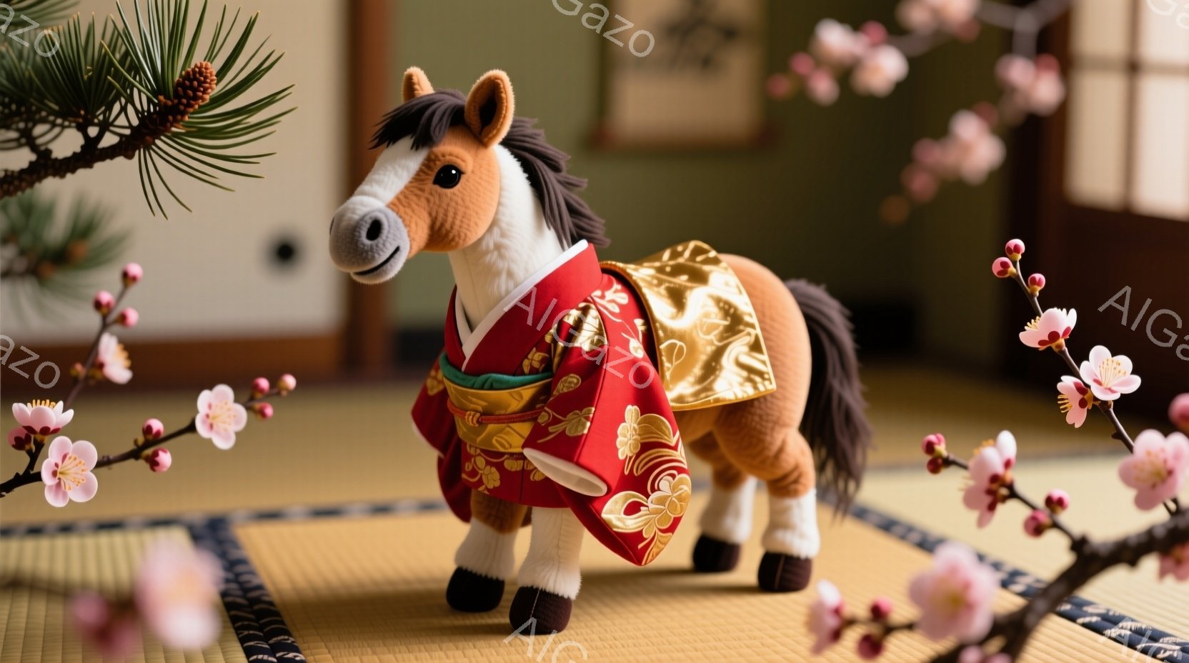 畳の上に、着物を着たぬいぐるみのような馬が立っている。赤い着物には金色の模様が描かれており、首元には飾り紐が付いている。背景には、梅の花が咲き、日本家屋の壁がぼんやりと見え、落ち着いた和やかな雰囲気が - AI生成フリー素材