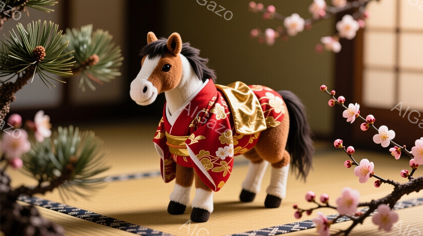 鮮やかな赤色の着物を身に着けたぬいぐるみの馬が、畳の上に立っている。着物には金色の模様が施されており、華やかさを添えている。背景には、桜の花枝と黒い松の枝があり、春の訪れを感じさせる穏やかな雰囲気が漂 - AI生成フリー素材