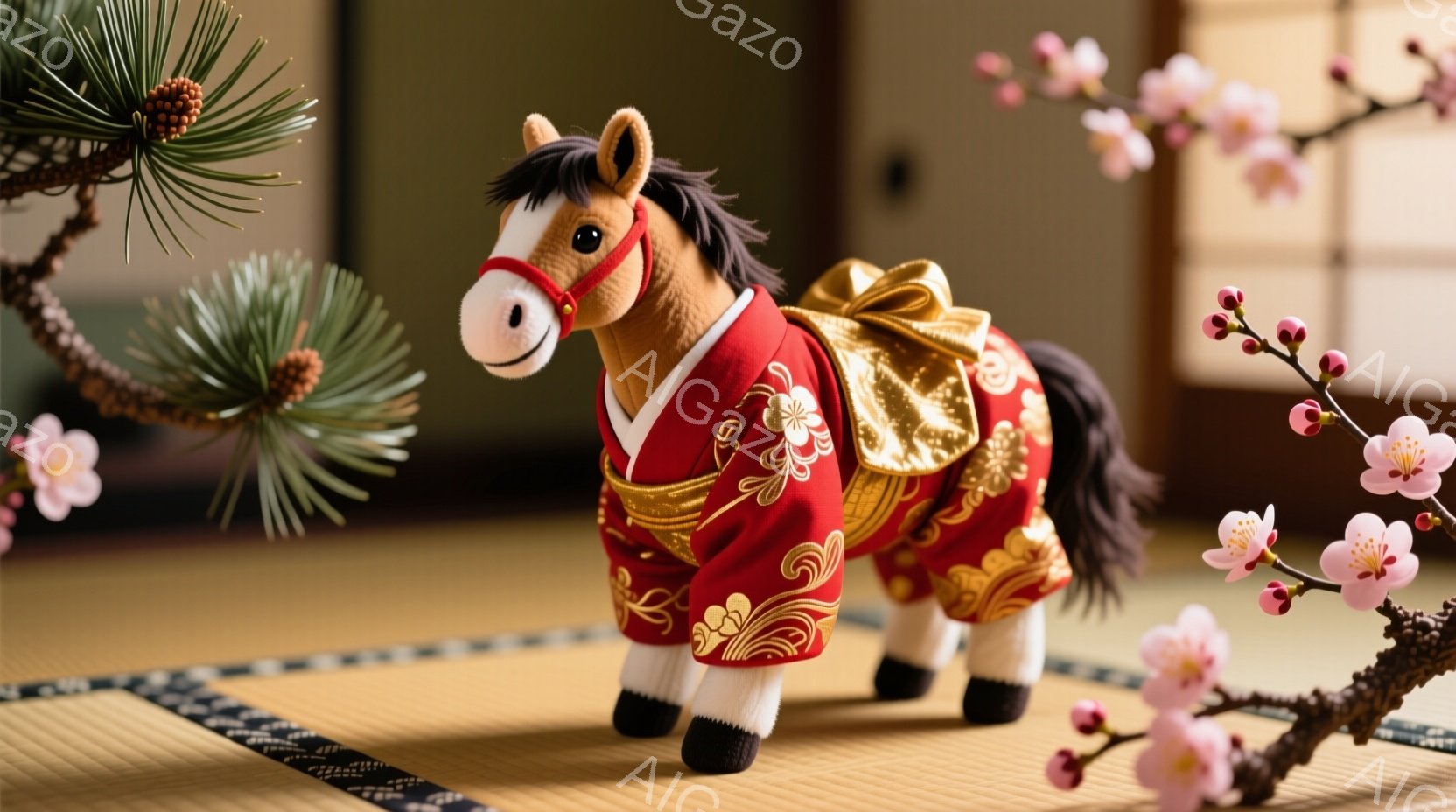 赤い着物を着たぬいぐるみの馬が畳の上を歩いているように見える。馬は黒い蹄で、茶色のたてがみと尾を持ち、表情は穏やかで愛らしい。背景には、ピンク色の桜の枝と緑色の松の枝があり、日本の伝統的な雰囲気を醸し - AI生成フリー素材