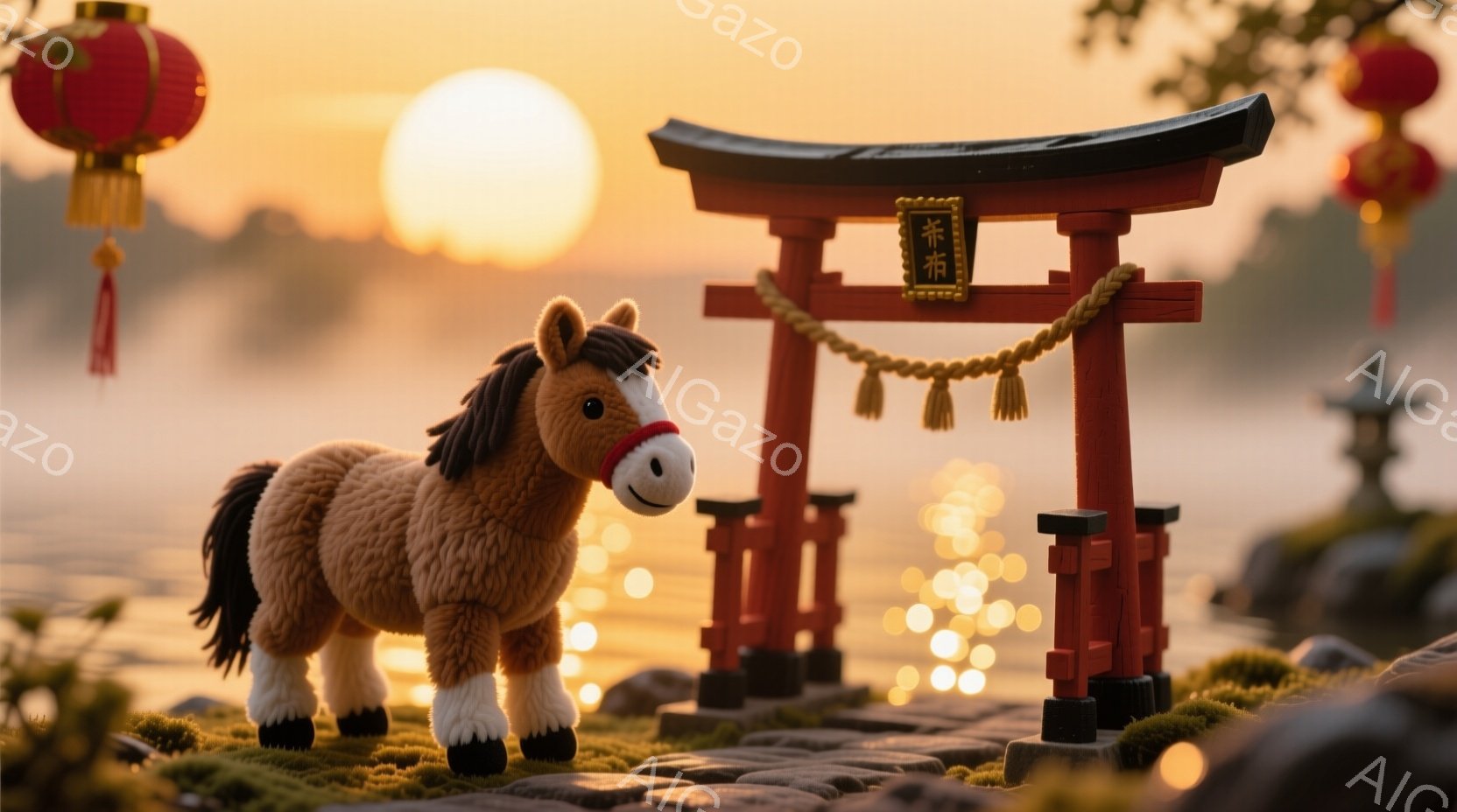 ミニチュアの鳥居の前に立つ、毛むくじゃらの茶色の馬のおもちゃを描いています。鳥居の背景には、ぼやけた水面と夕焼けの光が差し込み、その光は水面に反射してキラキラと輝いています。全体的に、暖かく穏やかな雰囲気で、日本の伝統的な風景と愛らしいおもちゃの組み合わせが楽しめます。