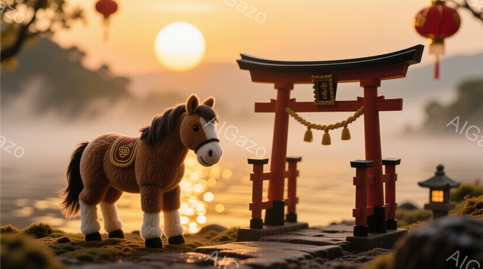 明るい茶色のぬいぐるみのような馬が、赤い鳥居の前に立っている。背景には穏やかな水面と、夕焼けに照らされた霞がかった山々が広がり、遠くには赤い提灯が灯っている。 全体的に、温かく幻想的な雰囲気で、静寂と - AI生成フリー素材