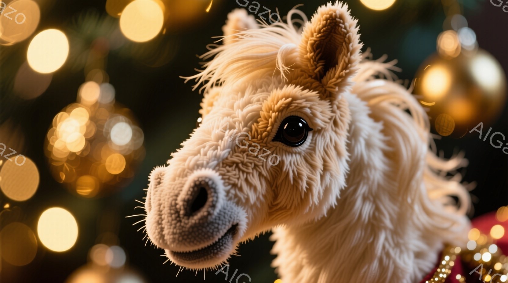 クリーム色のテディベアのような馬の顔のクローズアップです。馬は柔らかな質感で、優しい表情を浮かべており、大きな茶色の目が印象的です。背景にはぼやけたクリスマスツリーの飾りや光があり、暖かくお祝いムード - AI生成フリー素材