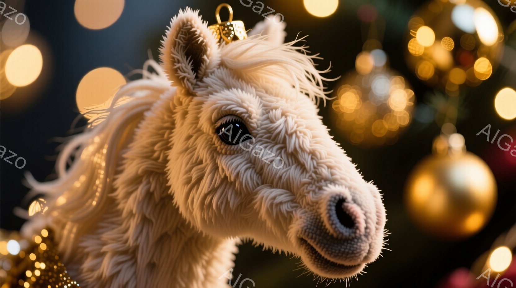 白い毛並みを持つ馬のおもちゃの顔が大きく写っている。背景にはぼやけた金色のクリスマスツリーの飾りと光が散りばめられ、温かみのある雰囲気を醸し出している。馬のおもちゃは正面を向き、柔らかい表情で、まるで - AI生成フリー素材