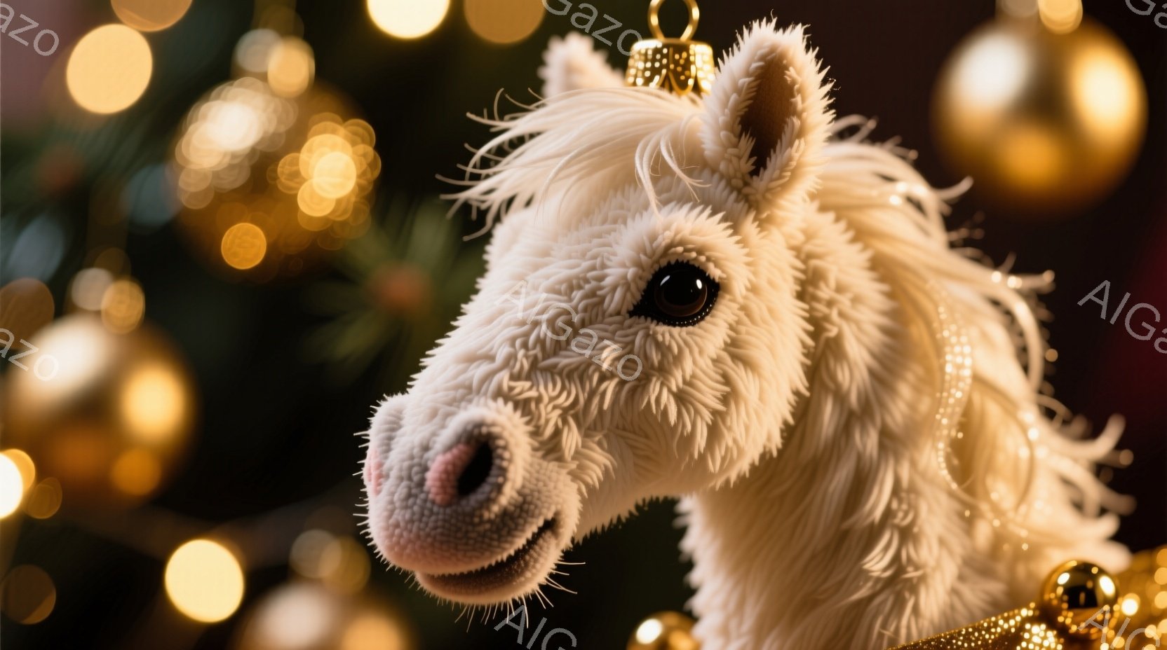 白い毛並みの縫いぐるみの馬が写っており、つややかな黒い目が特徴的です。背景には緑のクリスマスツリーと、ぼんやりとした黄金色の光が輝くオーナメントが見え、クリスマスの雰囲気を醸し出しています。馬は穏やかな表情で、温かく優しい雰囲気を伝えています。