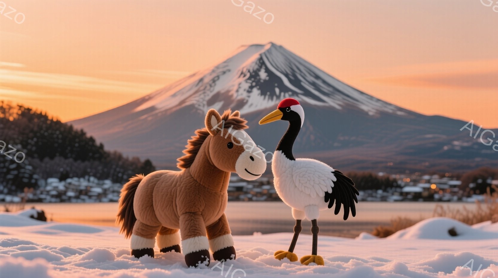 雪景色の中に、愛らしいぬいぐるみのアマミノハシブトガラスと茶色の馬が並んで立っています。背景には、夕焼けに照らされた美しい富士山がそびえ立ち、穏やかで幻想的な雰囲気を醸し出しています。雪原と山々、そして空のグラデーションが、冬の静寂と自然の美しさを際立たせています。