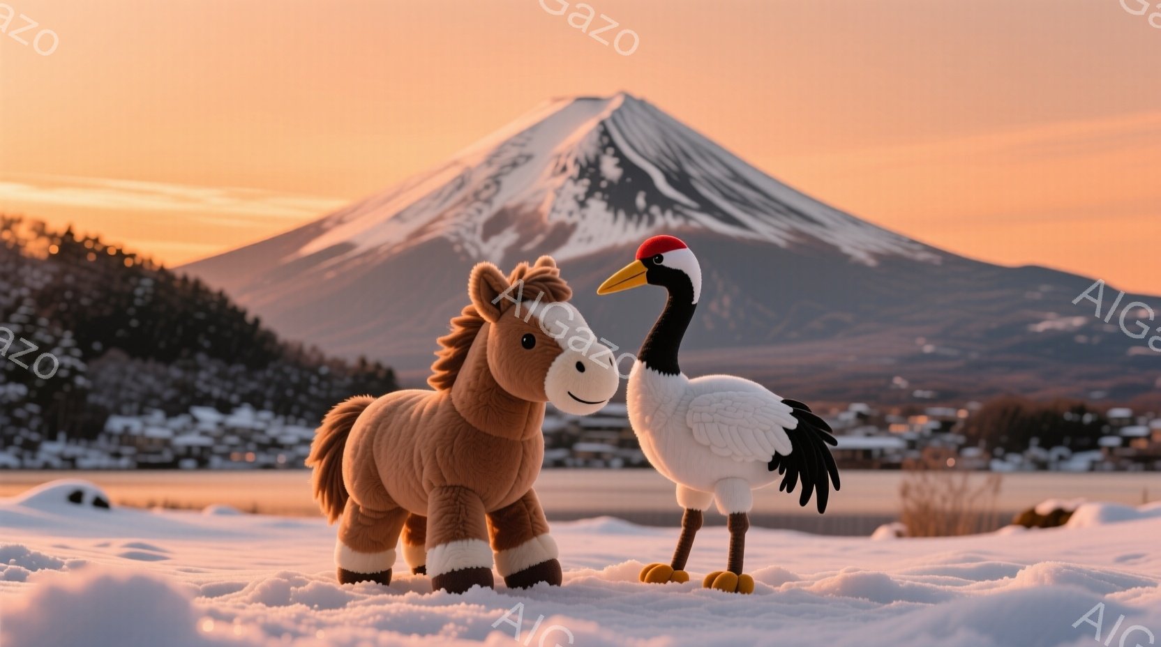 ぬいぐるみである茶色の馬と白い鶴が雪景色の中で並んで立っている。背景には富士山がそびえ立ち、夕焼け空が暖かく、穏やかな雰囲気を醸し出している。雪原の細かい質感と、富士山の雄大さが印象的で、冬の静けさが感じられる。
