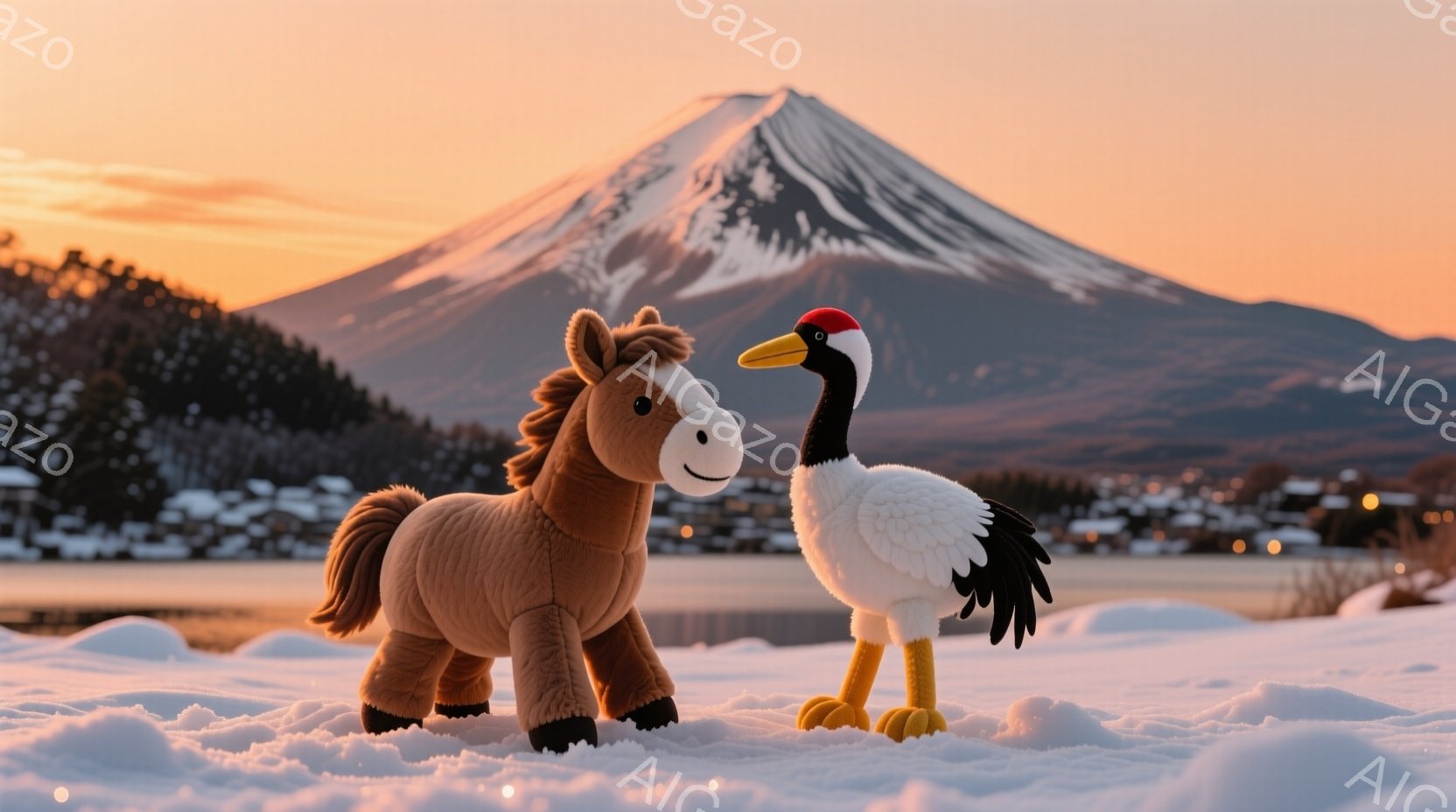 ぬいぐるみである茶色の馬と白い鶴が雪景色の中で並んで立っている。背景には、夕焼けに照らされた富士山と、麓に広がる小さな町並みが見える。 全体的に、穏やかで幻想的な雰囲気が漂っている。