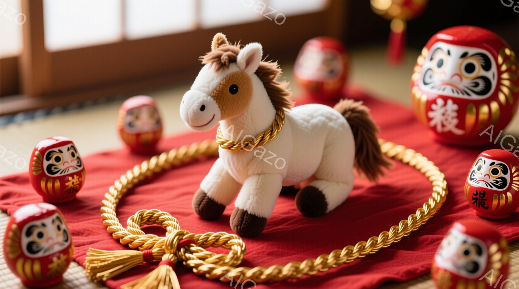 赤い敷物の上に、可愛らしい白い馬のぬいぐるみが置かれています。その周りには、赤い地に「福」と書かれただるま人形がいくつか配置され、金色の飾り紐が馬を囲むように置かれています。全体的に、お祝いの雰囲気で、新年や縁起の良いイベントを連想させる構図です。