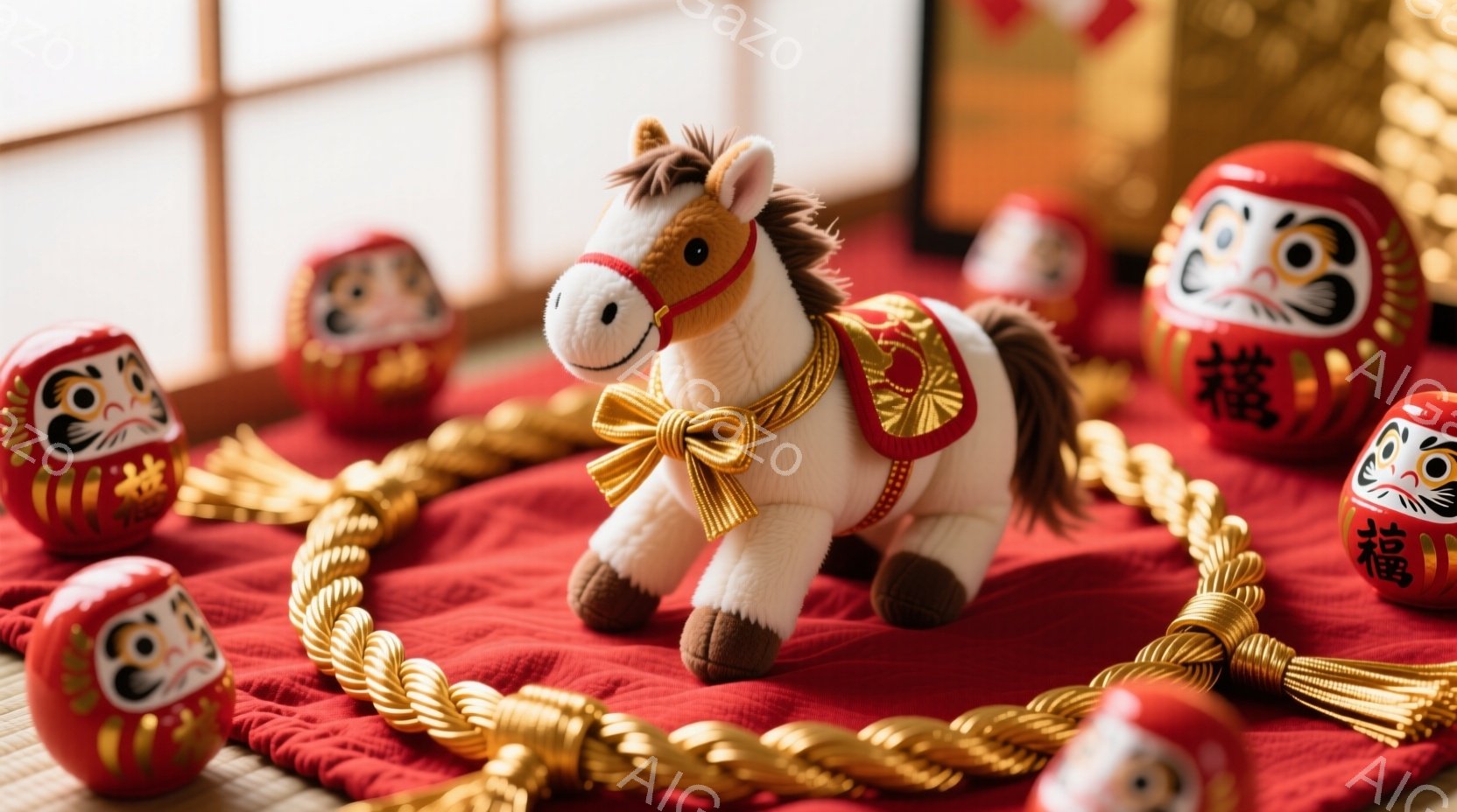真っ赤な台の上に、可愛らしい馬のぬいぐるみが立っています。馬は白い体に茶色のたてがみと尻尾を持ち、首には赤いリボンを結んでいます。背景には赤いだるまの人形と金色の飾り紐が配置され、お正月らしい華やかで - AI生成フリー素材
