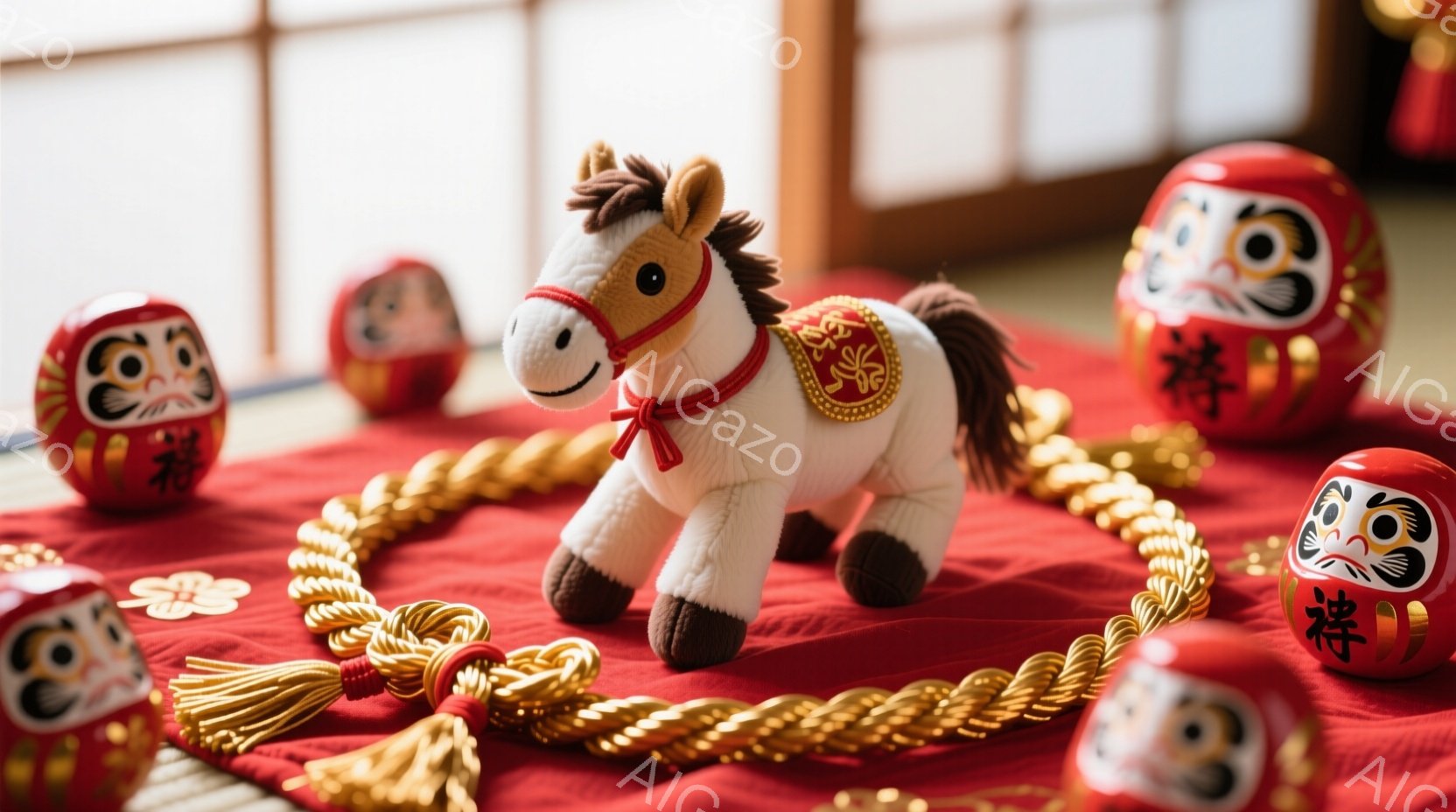 赤いテーブルクロスの上に、可愛らしい白い馬のぬいぐるみが座っています。馬は小さな赤い衣装を身につけ、金色の飾り紐が結ばれています。背景には、縁起の良いだるまの人形がいくつか配置され、お正月らしい温かく - AI生成フリー素材