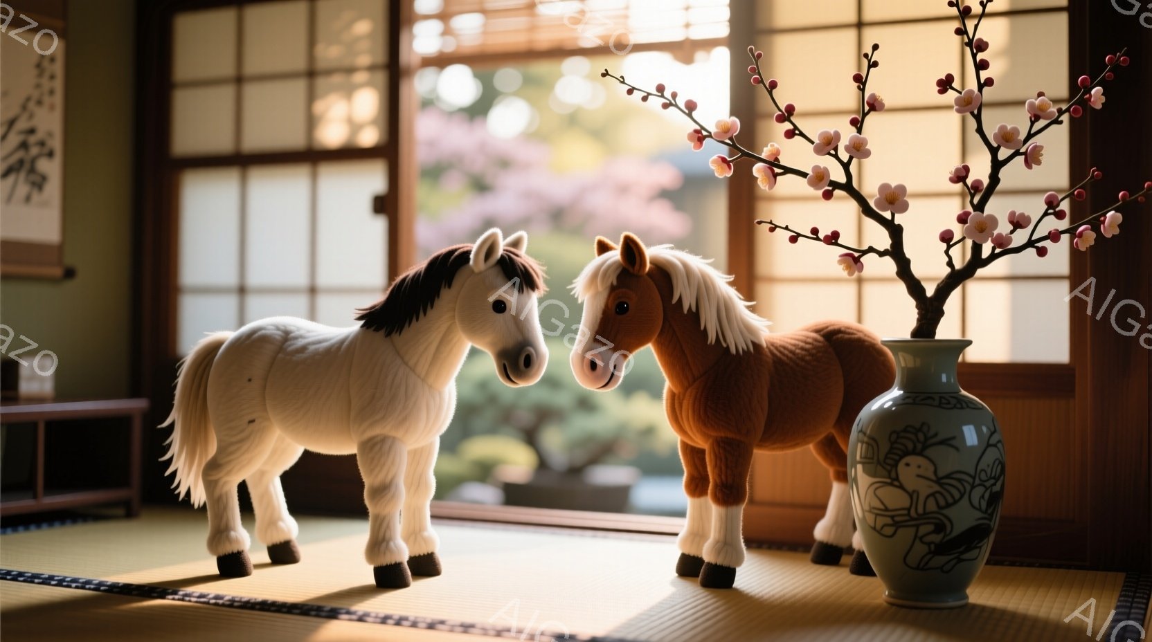 畳の上に、白と茶色の二頭の馬のおもちゃが並んでいます。背景には障子窓と緑豊かな庭園が見え、落ち着いた日本の伝統的な雰囲気が漂います。青い花瓶に桜の花が活けられており、春の暖かさを感じさせます。