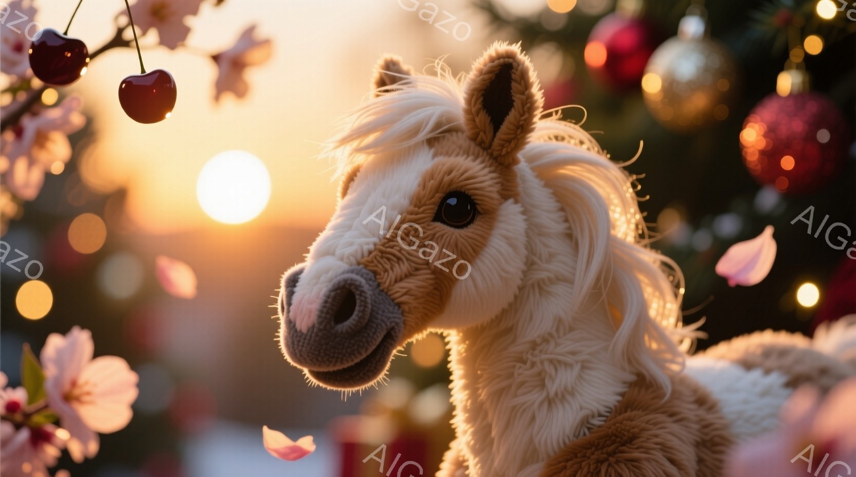 これは毛並みの良いクリーム色の馬のぬいぐるみです。背景には、ぼやけたクリスマスツリーと花びらが舞い散る様子が見え、暖かく幻想的な雰囲気を醸し出しています。馬の表情は穏やかで、可愛らしい印象を与えます。