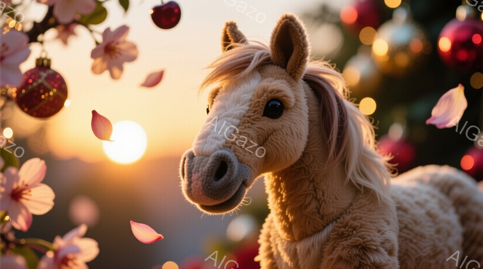 クリーム色の毛並みを持つテディベアのような馬が、柔らかな光の中で正面を見据えています。背景には、ぼやけたピンクの花びらと、クリスマスのオーナメントが散りばめられ、暖かく幻想的な雰囲気を醸し出しています。馬の表情は穏やかで、優しい眼差しが印象的です。