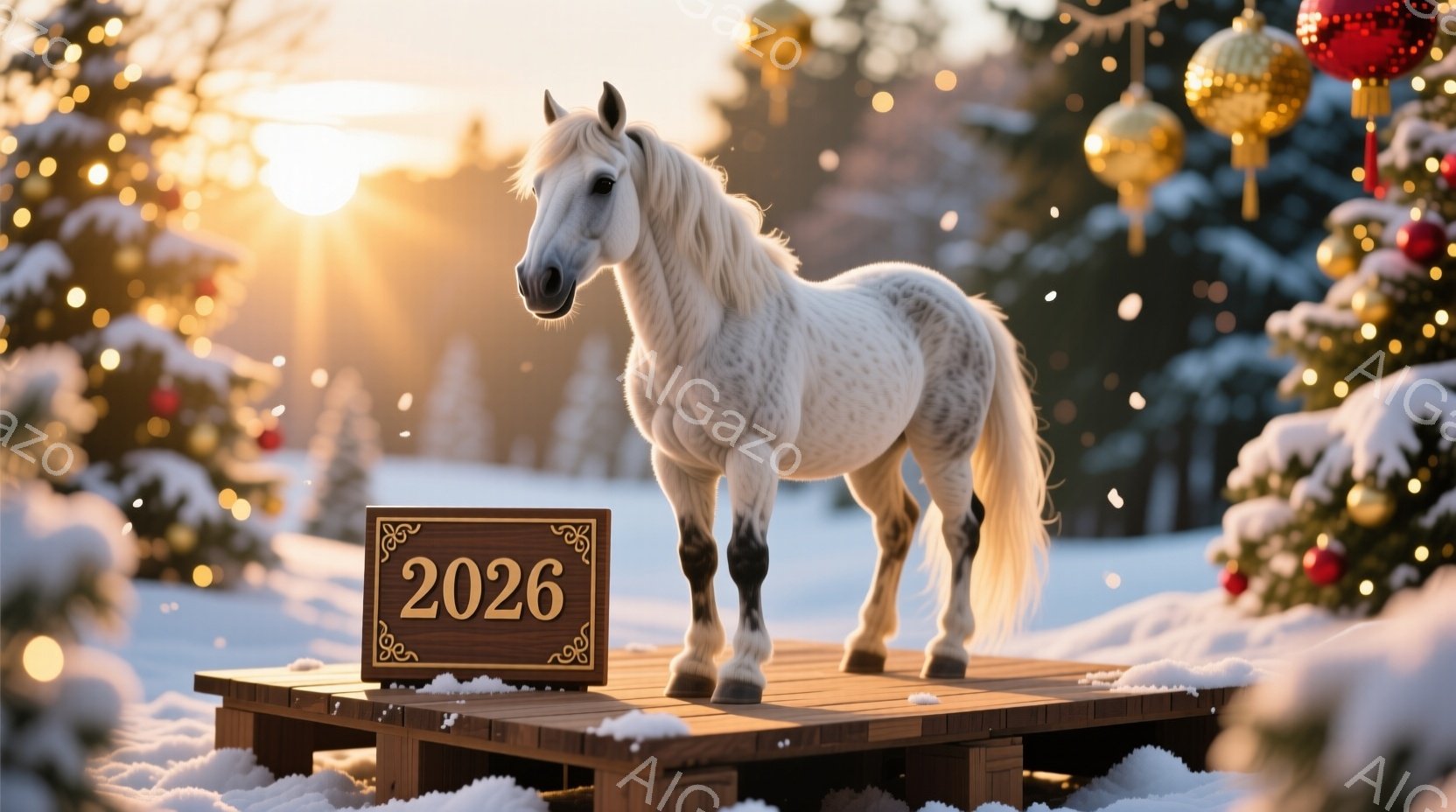 白い馬が雪景色の中で木製の台の上に立っている。背景には雪をまとったクリスマスツリーが複数あり、遠くには夕焼けのような光が差し込んでいる。全体的に暖かく、穏やかな冬の雰囲気を感じさせる光景である。