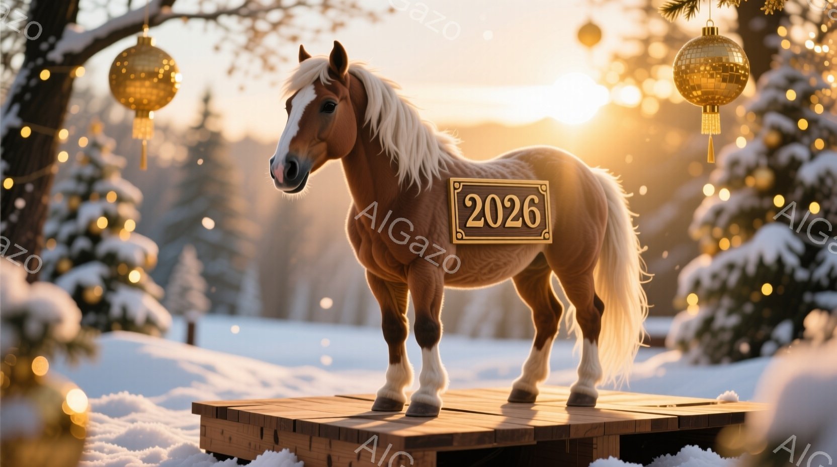 茶色の馬が雪景色の中で木製の台の上に立っています。背景には雪に覆われた木々と、ぼやけた光の装飾があり、冬の暖かく幻想的な雰囲気を醸し出しています。馬の体には「2026」という数字が大きく表示されており、新年を祝うメッセージを示唆しています。