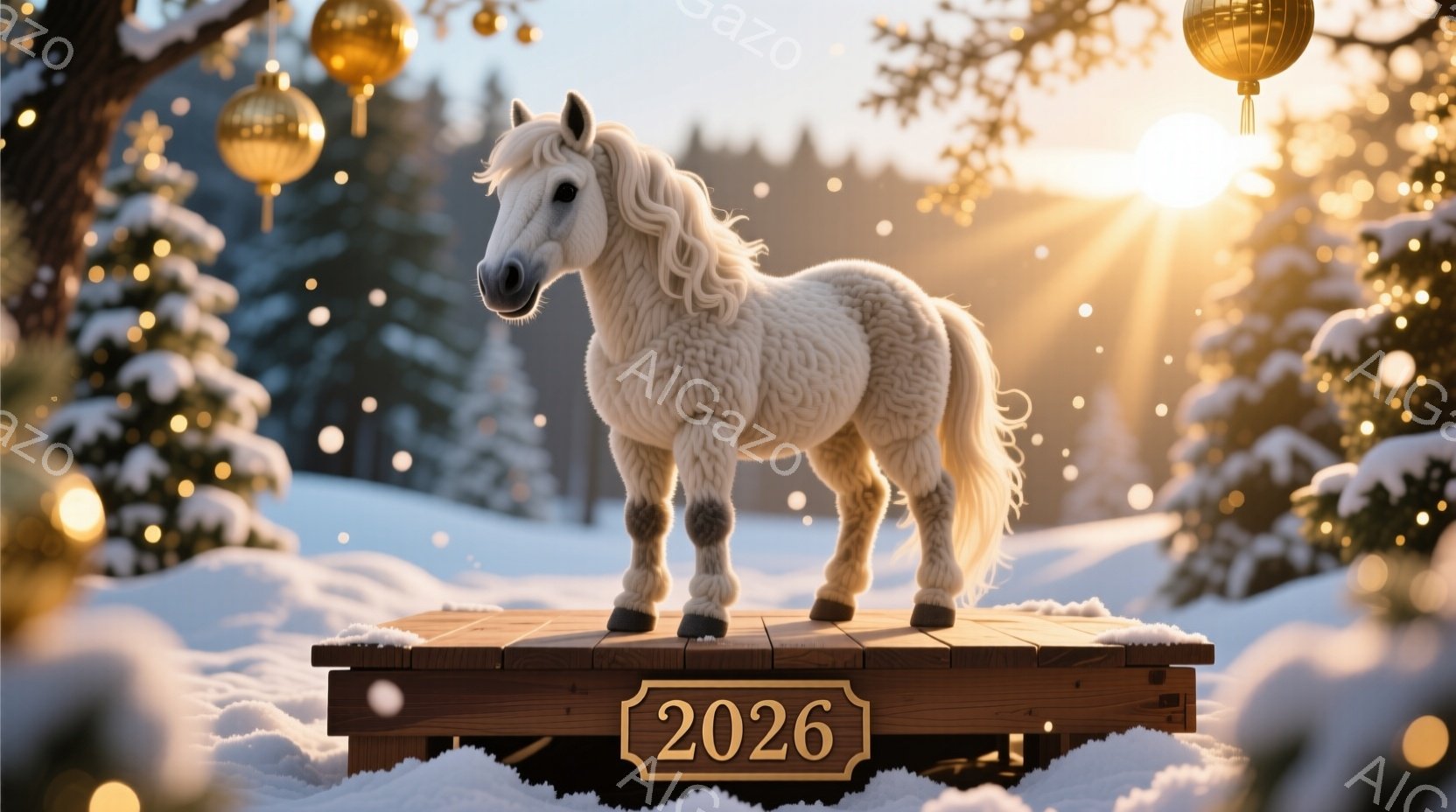 雪に覆われた風景の中に、白い馬が木製のプラットフォームの上に立っています。背景には、ぼんやりと見える木々、そして黄金色の光を放つ装飾が散りばめられ、冬の暖かさと静けさを表現しています。馬は堂々と正面を向き、その優雅な姿は、冬の穏やかな光景の中に浮かび上がります。