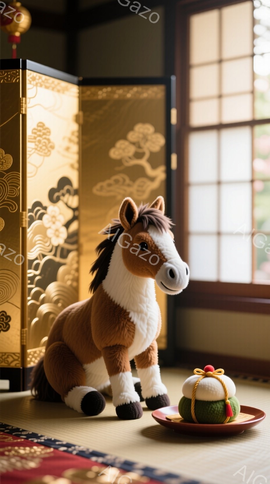 畳の上に、茶色と白の毛並みの馬のぬいぐるみと、赤いお皿に乗ったお餅が置かれています。背景には金色の模様が描かれた屏風と、自然光が差し込む窓があり、落ち着いた和の雰囲気です。ぬいぐるみの表情は穏やかで、静かで優しい空間を演出しています。