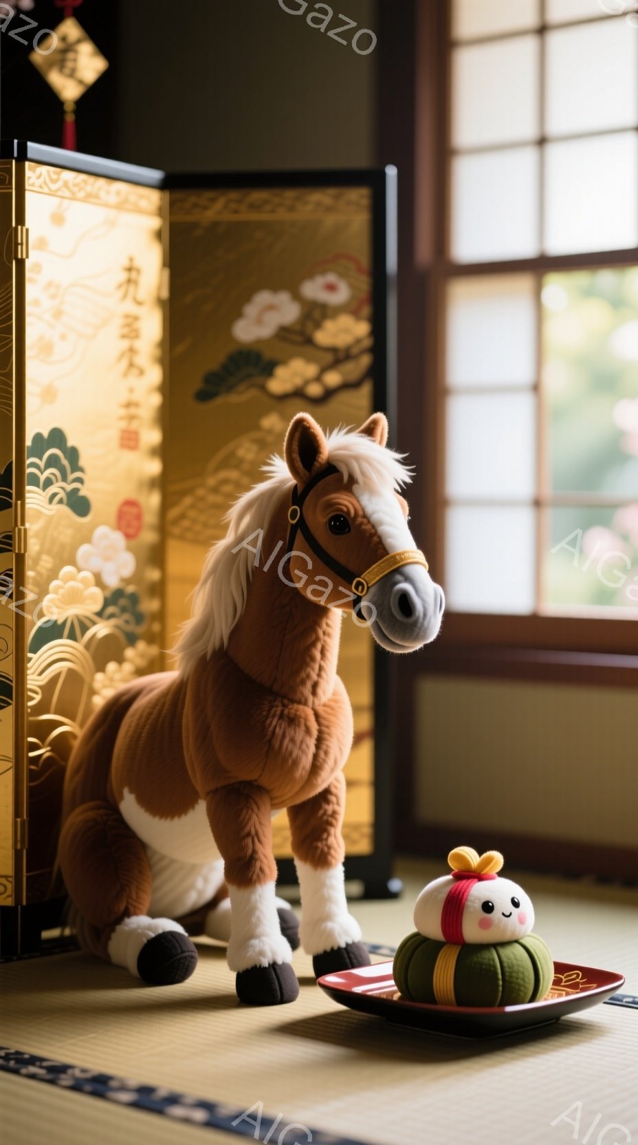 畳の上に、茶色の毛並みの縫いぐるみの馬が座っています。馬は金色の馬具を身につけ、穏やかな表情をしています。その前には、赤いお皿に乗った可愛らしい緑色の和菓子が置かれ、背景には金色の屏風と窓から差し込む - AI生成フリー素材