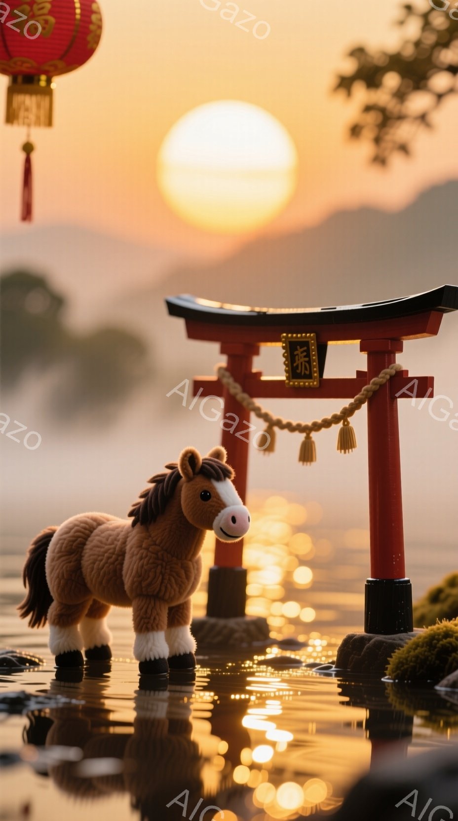 夕焼けを背景に、赤い鳥居が水面に映り込み、その手前に茶色のぬいぐるみ馬が立っている。鳥居には提灯が飾られ、水面には光の反射がキラキラと輝き、全体的に穏やかで幻想的な雰囲気を醸し出している。馬は静かに立 - AI生成フリー素材