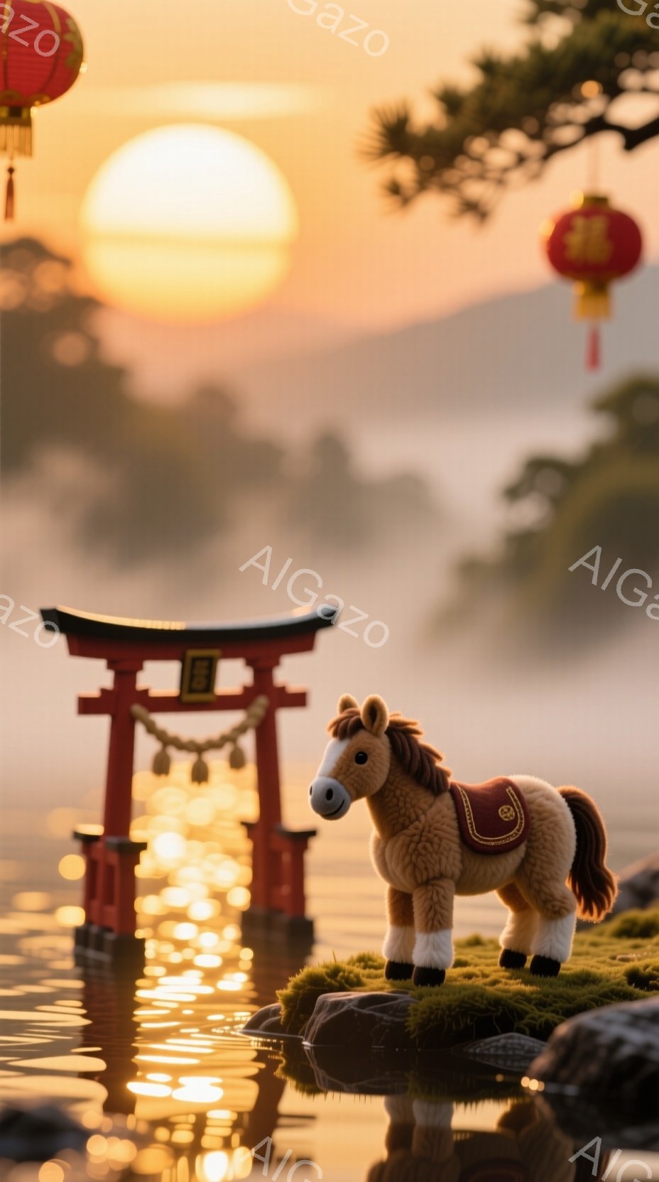 夕焼けを背景に、朱色の鳥居が水面に映り込んでいます。緑の苔の上に立つのは、鞍を背負ったぬいぐるみのような馬で、穏やかな表情をしています。全体的に、静かで幻想的な雰囲気が漂い、日本の伝統的な風景と可愛ら - AI生成フリー素材