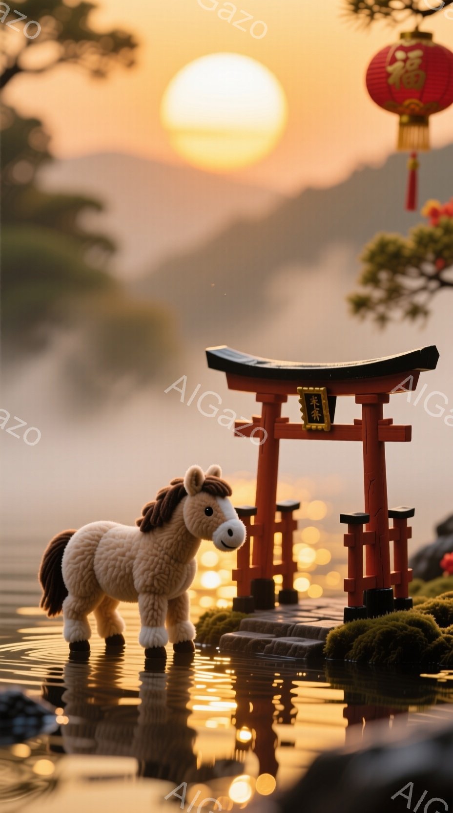 鮮やかな夕焼けを背景に、可愛らしいぬいぐるみ馬が小さな赤い鳥居の前に立っている。鳥居は苔むした石の台座の上にあり、その周りは水面に反射した光で輝いている。全体的に穏やかで幻想的な雰囲気が漂い、日本の伝統的な風景と愛らしい馬の組み合わせが印象的だ。