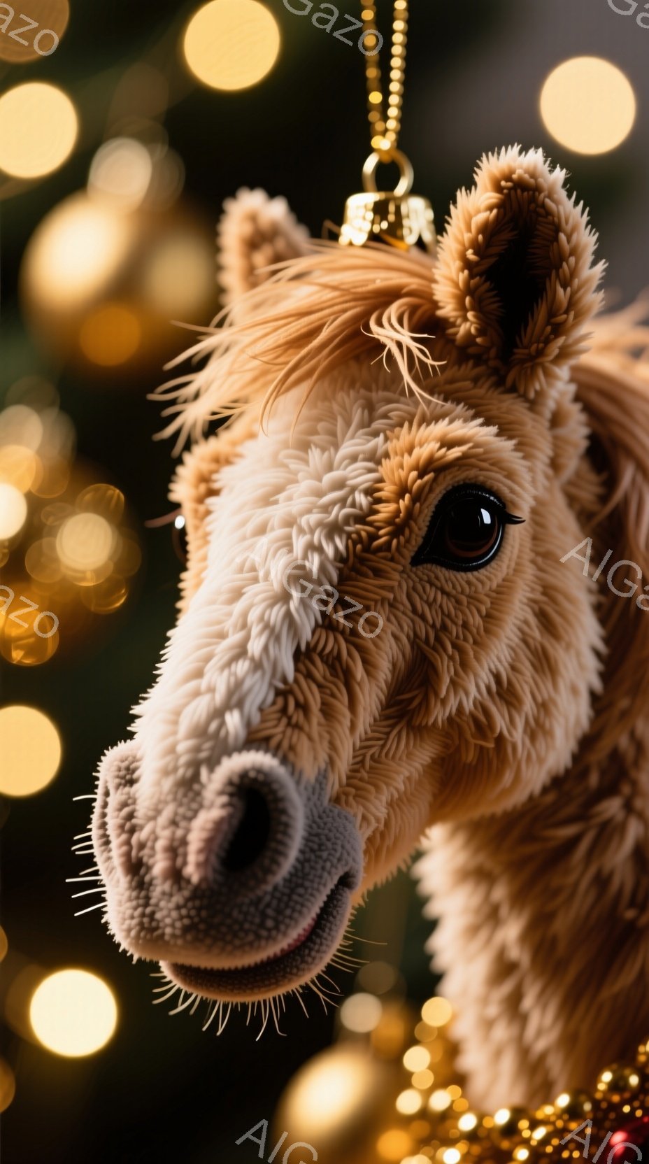 暖色系の茶色のテディベアの馬のおもちゃが、カメラの方をじっと見つめています。背景には、ぼやけた金色の光の玉と、金色のモールのような装飾があり、お祝いの雰囲気を醸し出しています。毛並みが柔らかく、愛らしい表情が特徴で、全体的に温かく、優しい印象を与える画像です。