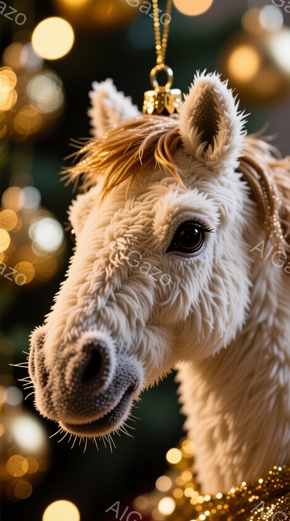 柔らかいクリーム色の毛並みを持つ馬の頭部が写っており、まるでぬいぐるみのようです。大きな黒い瞳と、少し微笑んでいるかのような口元が可愛らしい表情をしています。背景にはぼやけた金色の光が散りばめられており、温かく幻想的な雰囲気を醸し出しています。