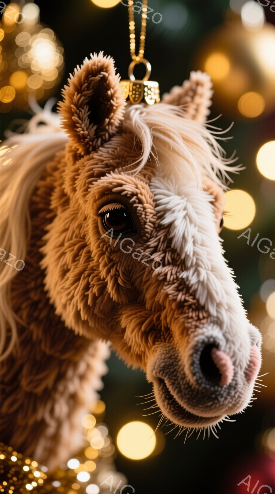 鮮やかな背景のぼかしの中で、茶色の毛並みを持つ愛らしい子馬の顔が大きく写っています。子馬は正面を見据え、丸い鼻と優しい表情が印象的です。背景にはぼやけた黄色の光が散りばめられ、温かく幻想的な雰囲気を醸し出しています。
