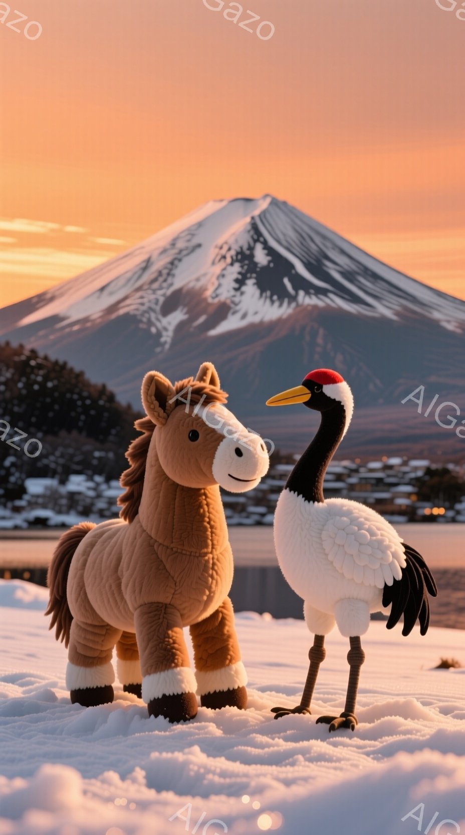 雪景色の中に、茶色のぬいぐるみ馬と白い鶴が立っている。背景には、雪をかぶった富士山が夕焼け空の下にそびえ立ち、穏やかで幻想的な雰囲気を醸し出している。馬と鶴は、それぞれ堂々とした姿勢で静止しており、冬の静寂と自然の美しさを強調している。