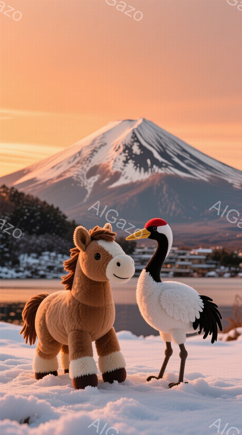 雪景色の中に、茶色のぬいぐるみ馬と白い鶴が並んで立っている。背景には、雪をまとった富士山が夕焼け空の下にそびえ立ち、穏やかで幻想的な雰囲気を醸し出している。湖畔には木々が薄暗く見え、静寂な冬の風景が広 - AI生成フリー素材