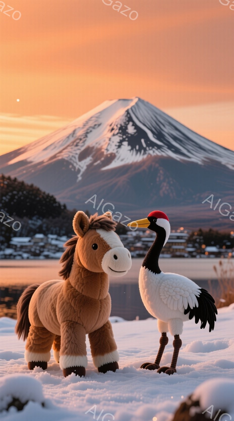 ぬいぐるみのかわいい茶色の馬と白い鶴が雪の上に立っている。背景には、夕焼けに照らされた雪をかぶった富士山が壮大にそびえ立ち、遠くには建物や木々が見える。暖かく穏やかな雰囲気で、冬の日本の美しい風景を描写している。