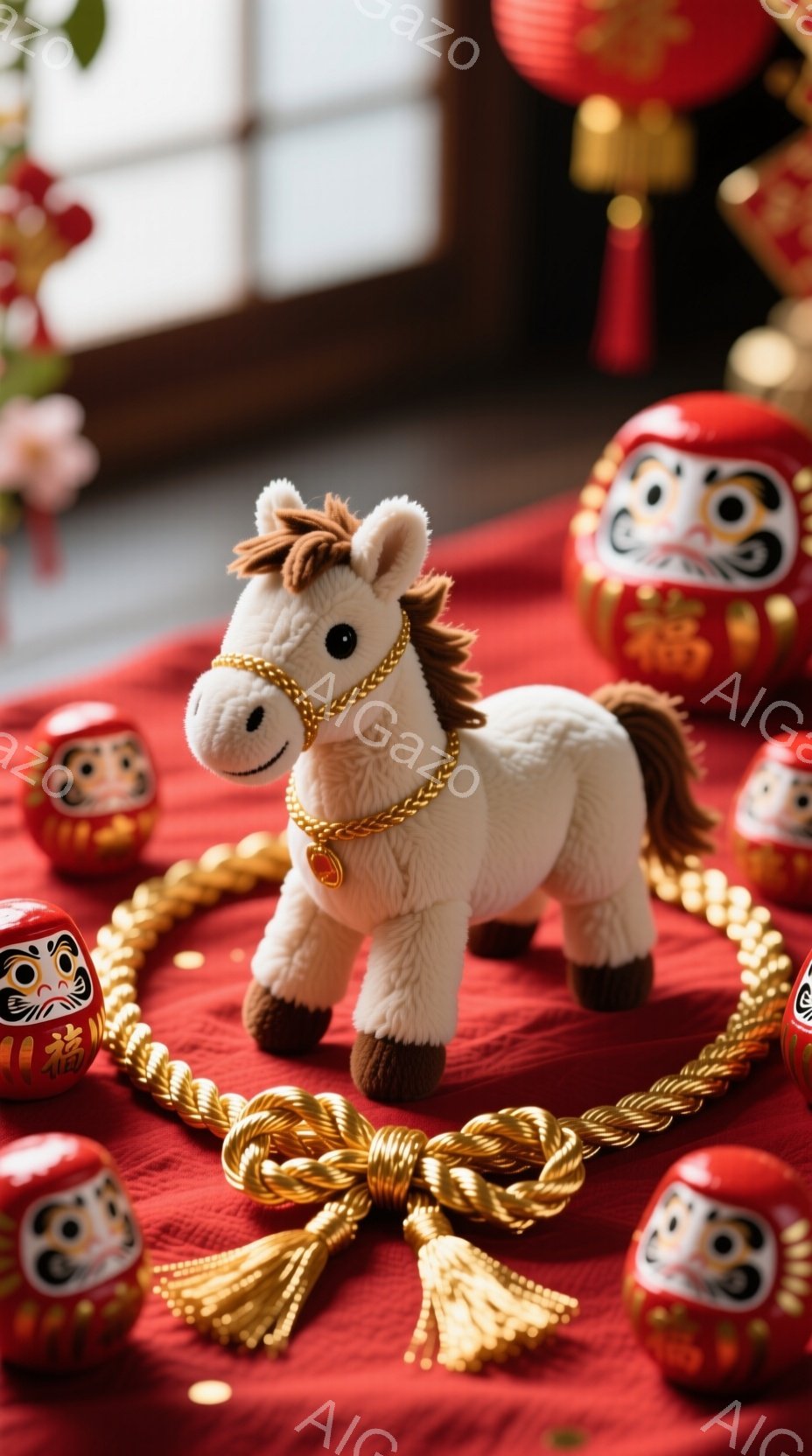 白い毛並みのぬいぐるみ馬が、赤いテーブルクロスの上に立っている。背景には、だるま人形や金色の結び飾り、赤い提灯が見え、お祝いの雰囲気が漂っている。全体的に暖色系の色合いで、新年の喜びや縁起の良い雰囲気が表現されている。