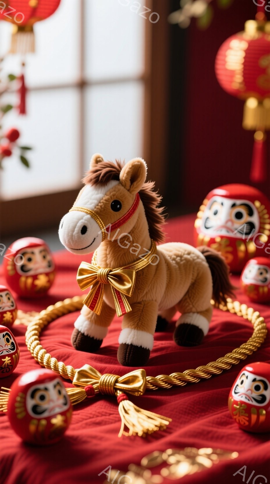 鮮やかな赤い布の上に、可愛らしい馬のぬいぐるみが置かれています。馬は茶色の毛並みで、金色のリボンをつけており、まるで新年の装いをしているかのようです。背景には、福ダルマや赤い提灯が配置され、お祝いの雰 - AI生成フリー素材