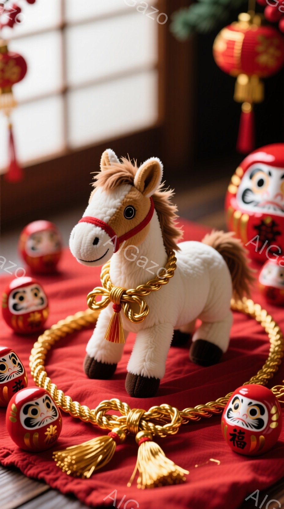 鮮やかな赤い布の上に、白い毛並みの可愛らしい馬のぬいぐるみと、縁起の良い赤いダルマの人形が並べられています。馬のぬいぐるみには金色の飾り紐が巻かれ、春節（旧正月）の飾り付けの一部であるように見えます。 - AI生成フリー素材