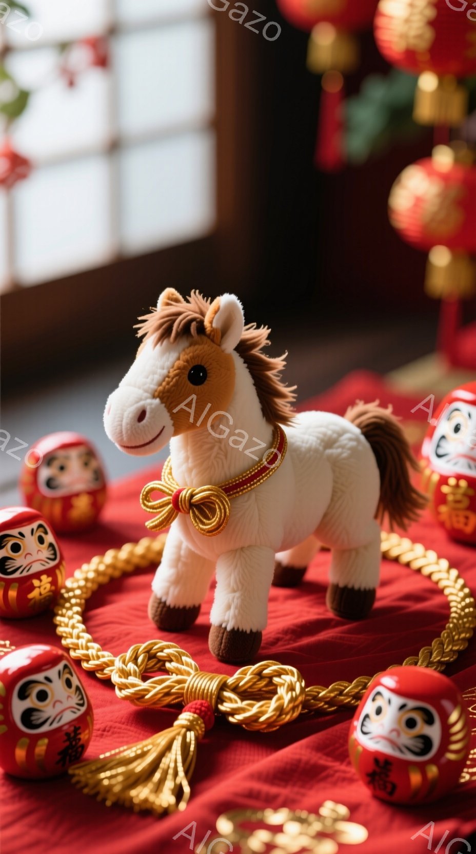 鮮やかな赤い背景の上に、白と茶色の毛並みの可愛い馬のぬいぐるみがあります。馬の頭には赤いリボンが結ばれており、周りには金色の縄と、可愛らしい表情のダルマの人形が配置されています。全体的に、新年の祝賀を象徴する、暖かく縁起の良い雰囲気が漂っています。