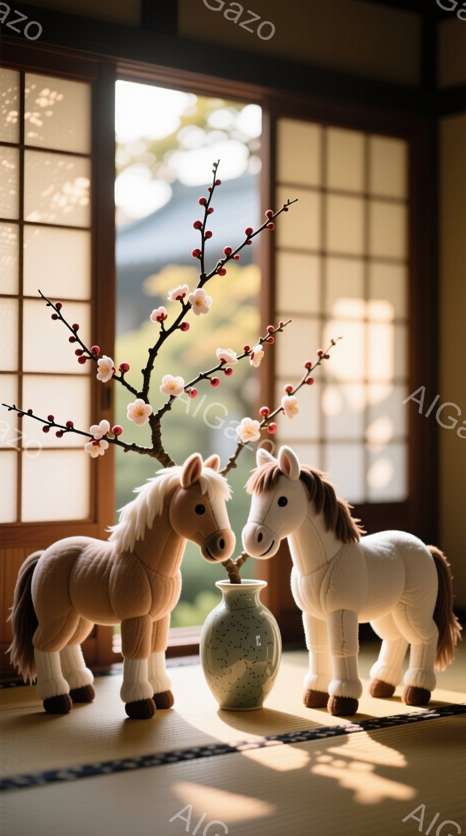 畳の上に、茶色と白の2匹のぬいぐるみ馬が、花瓶に生けられた紅梅の枝の周りに並んでいます。馬たちは寄り添うように向き合い、穏やかな表情をしています。背景には、障子窓から自然光が差し込み、日本の伝統的な室 - AI生成フリー素材